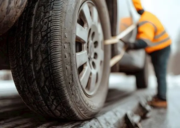 Broken down vehicle being towed away