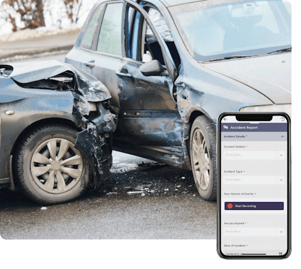 A dark blue car has crashed into the side of another dark blue car. In the bottom right the Accident Report feature of RAM Assist is on an iPhone