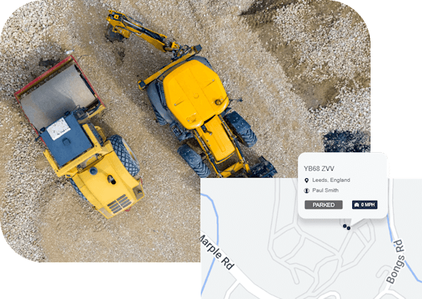 A yellow compacter and a yellow backhoe at a construction site in the bottom right there is the RAM Tracking live map with two dark blue dots as well as information on one of the drivers