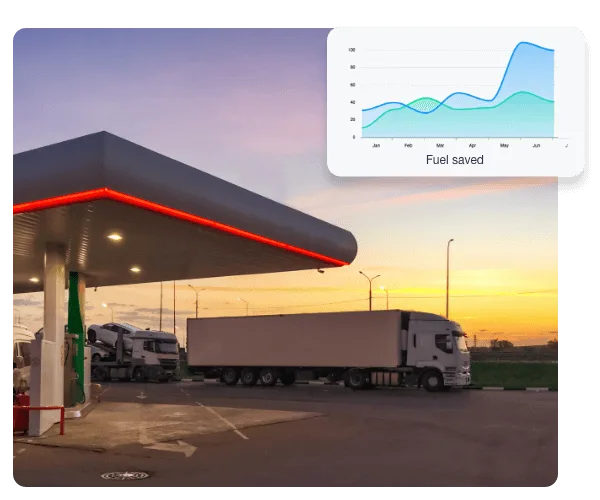 A truck at a petrol station and in the top right of the image there is a graph showing Fuel Saved over time