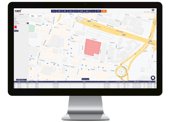 RAM Tracking web app with a red polygon geofence surrounding a pre-set area