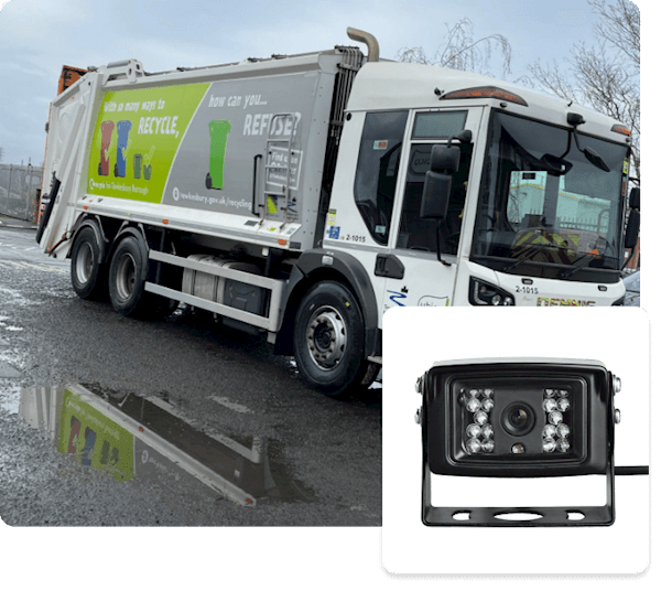 Example of a camera used to monitor driver behaviour with an example refuse truck vehicle it could be fitted to.
