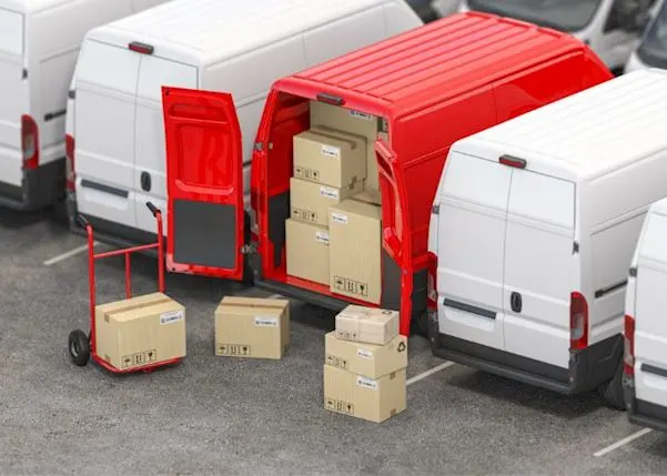 Row of white delivery vans with a red van with parcels in the middle