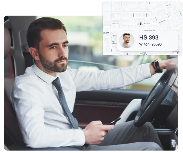 image of a worker in his tracked car with an inset showing where he is located on a map like the system would highlight