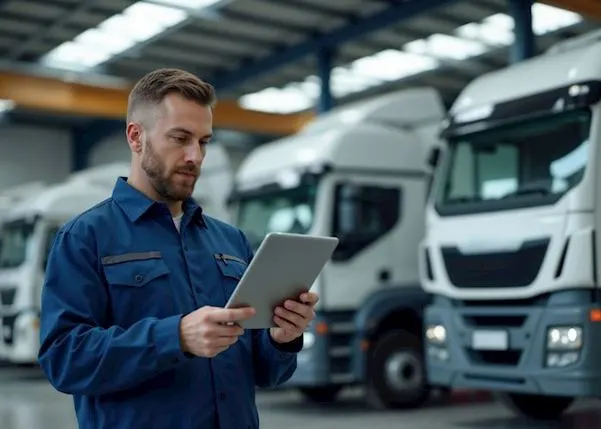 Fleet manager looking at a tablet next to a row of trucks