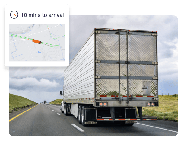 image of a semi truck driving along the road with an inset image of the vehicle being tracked on a map