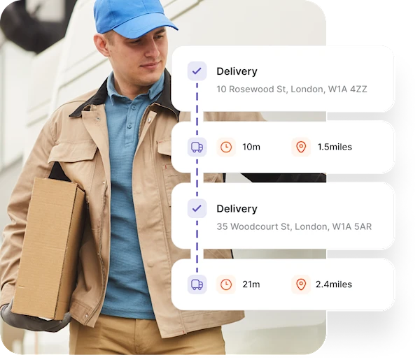 Delivery driver with a parcel next to a job management workflow