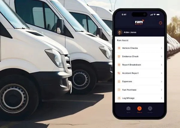 Vans lined up with an image of the RAM Assist app next to them