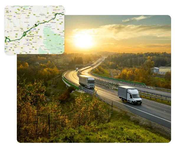 Two vehicles driving away from the sun - in the top left there is a route replay from the RAM Tracking system